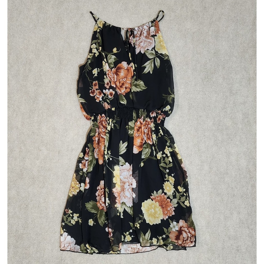 Sweet Storm Floral Halter Dress Black Pink Smocked Waist Large Wedding Event